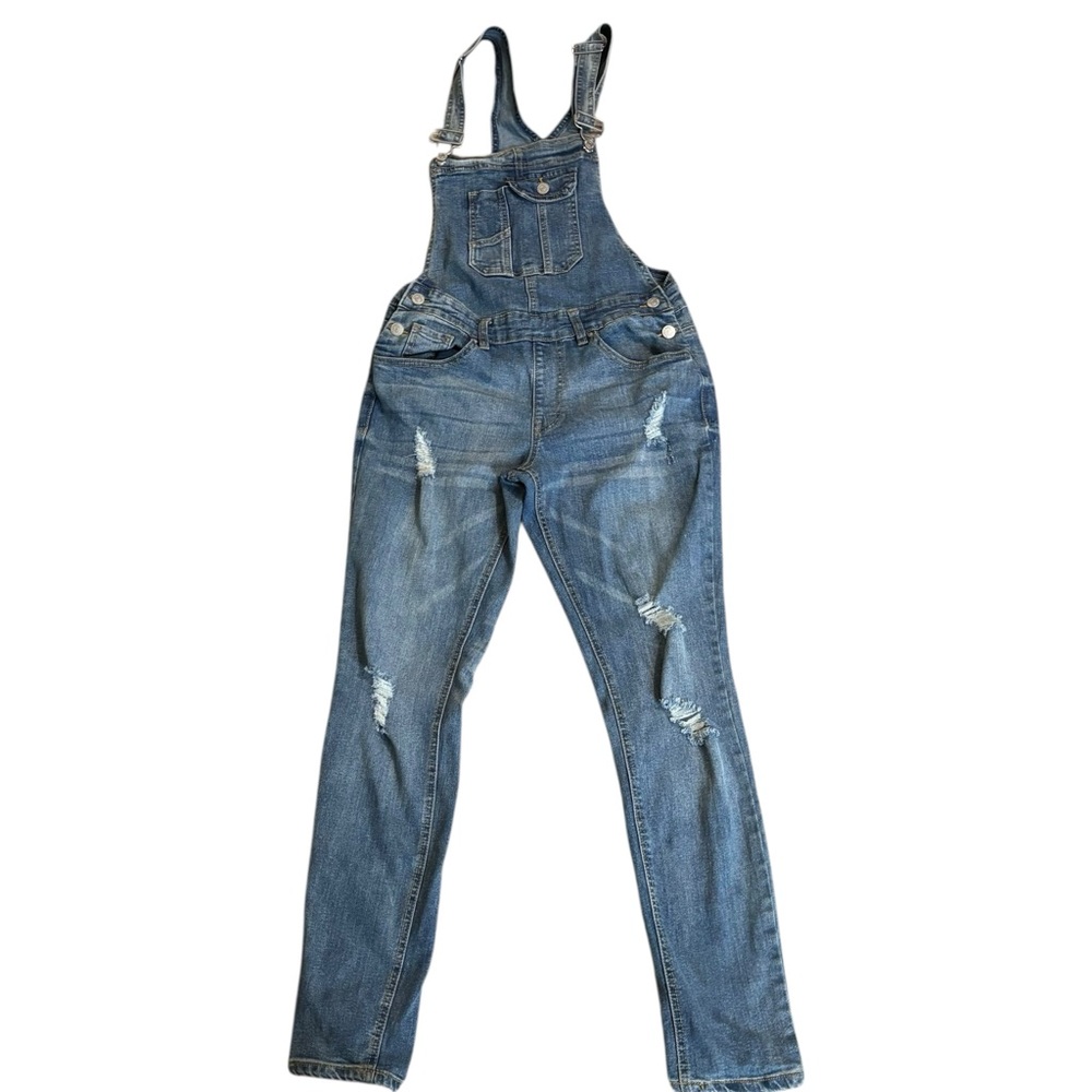 Almost Famous Stretch slim distressed overalls size 9